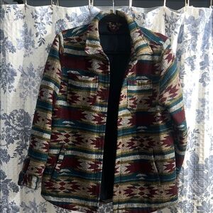 Stoic Striped Aztec Pattern Wool-Blend Jacket - Teal & Burgundy